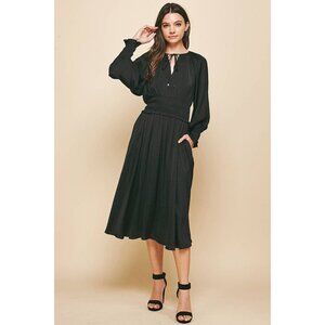 Black A-Line Midi Dress – Smocked Waist, Puff Sleeves, Tie Neckline